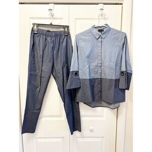 ST JOHN 2 Piece Set Size S (p) Chambray Blue Colorblock Button Down Elastic Pant